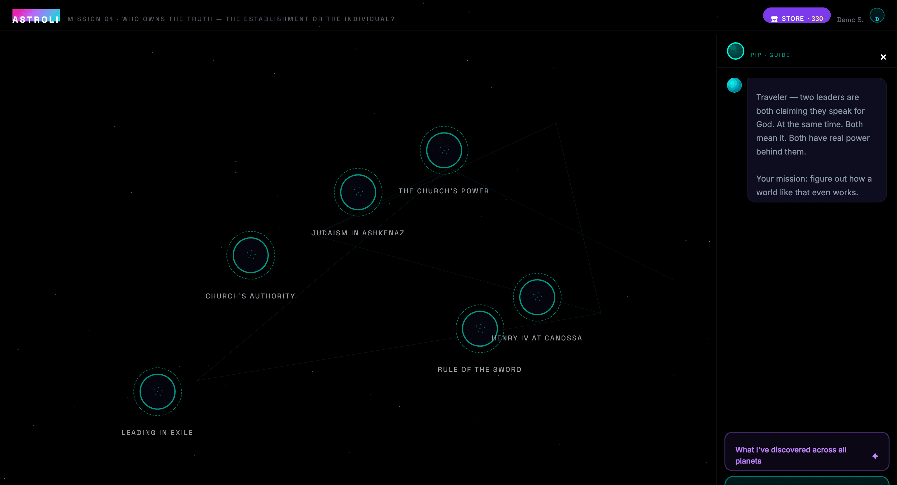 The Astroli planets map — an interactive galaxy of missions a student controls.