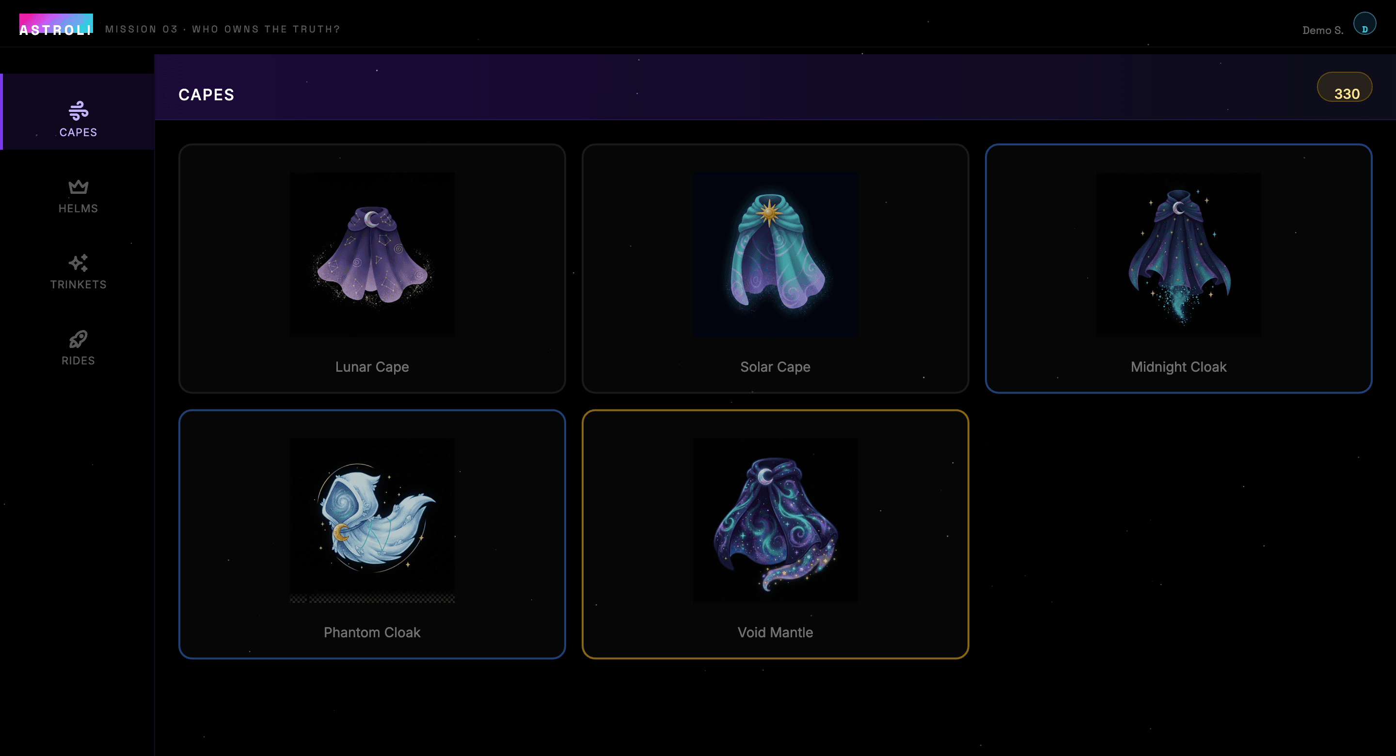 A student store screen showing avatar cosmetics unlocked through earned rewards.